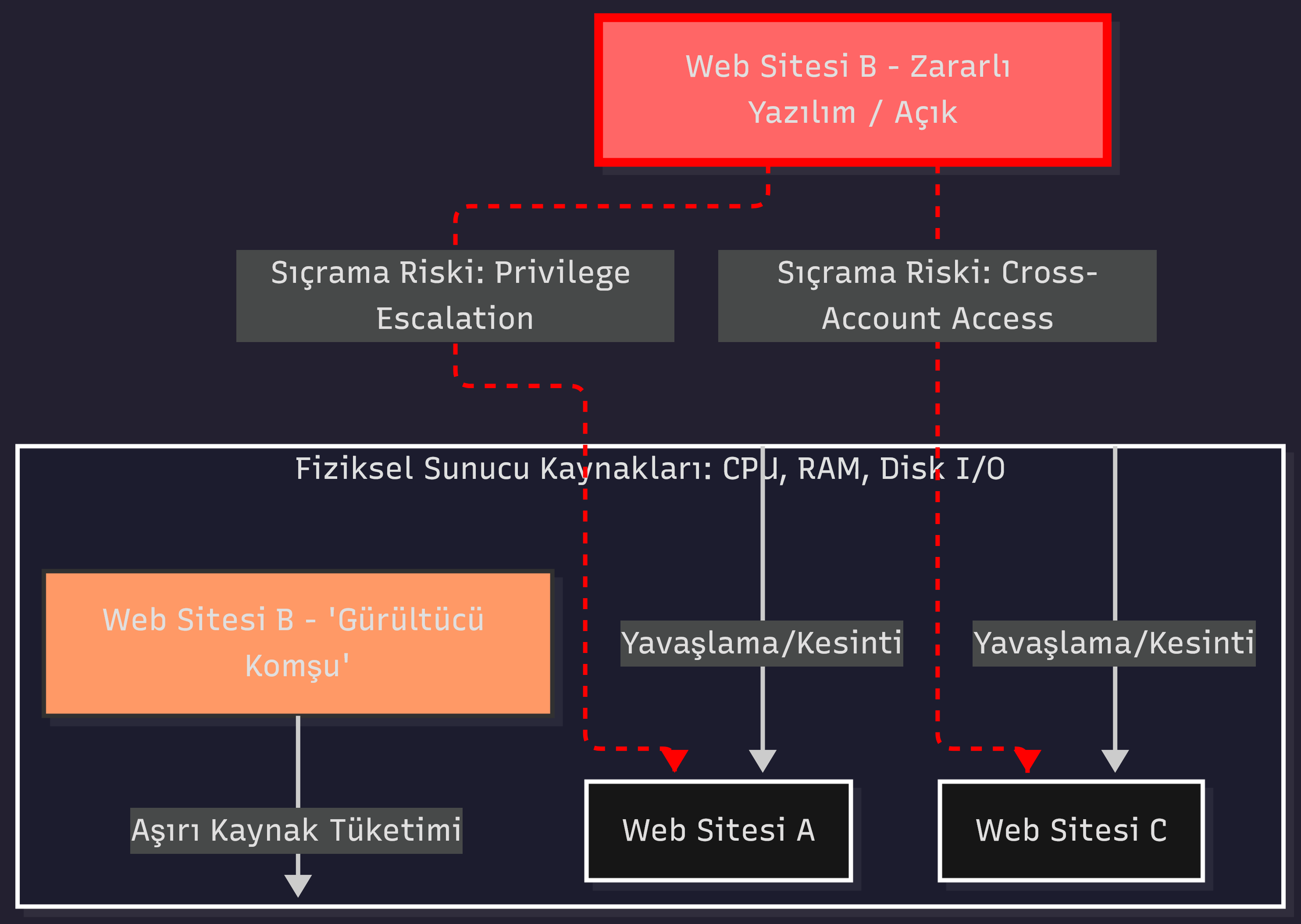 Paylaşımlı hosting ortamındaki komşu sitelerin kaynak tüketimi ve güvenlik açıklarının sıçrama riskini gösteren şema