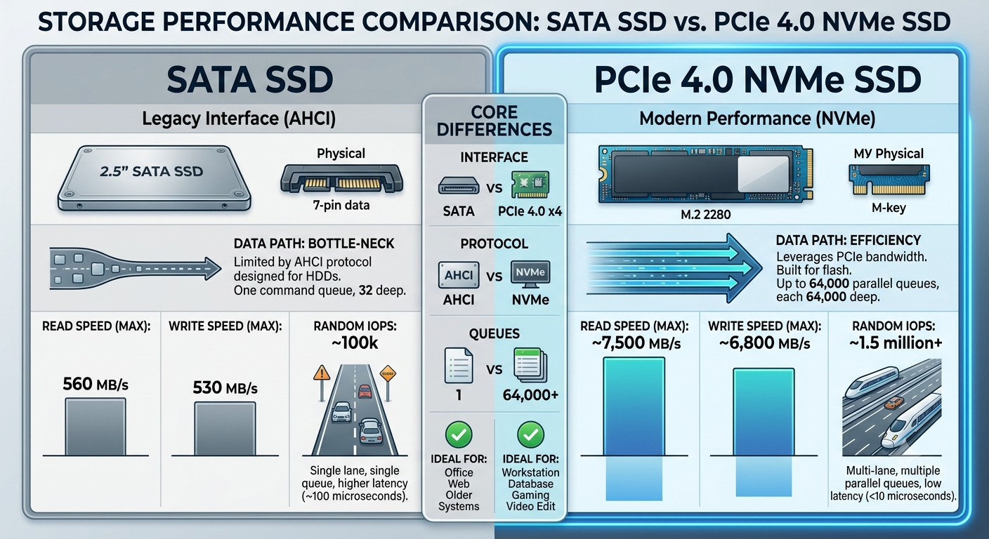 SATA SSD ve PCIe 4.0 NVMe SSD depolama ünitelerinin okuma/yazma hızları ile IOPS verimliliği karşılaştırması